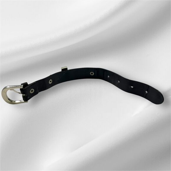 Black Leather Belt Style Bracelet Silvertone Cross Clear Rhinestones Vintage 9” - Picture 5 of 6